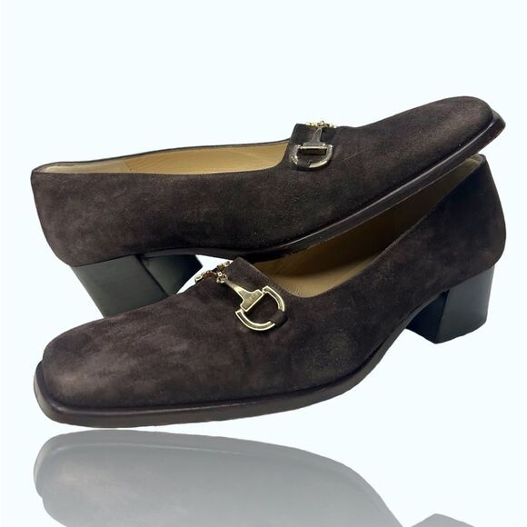 Gucci DarkโBrown Suede Horsebit Block Heels - Picture 2 of 14